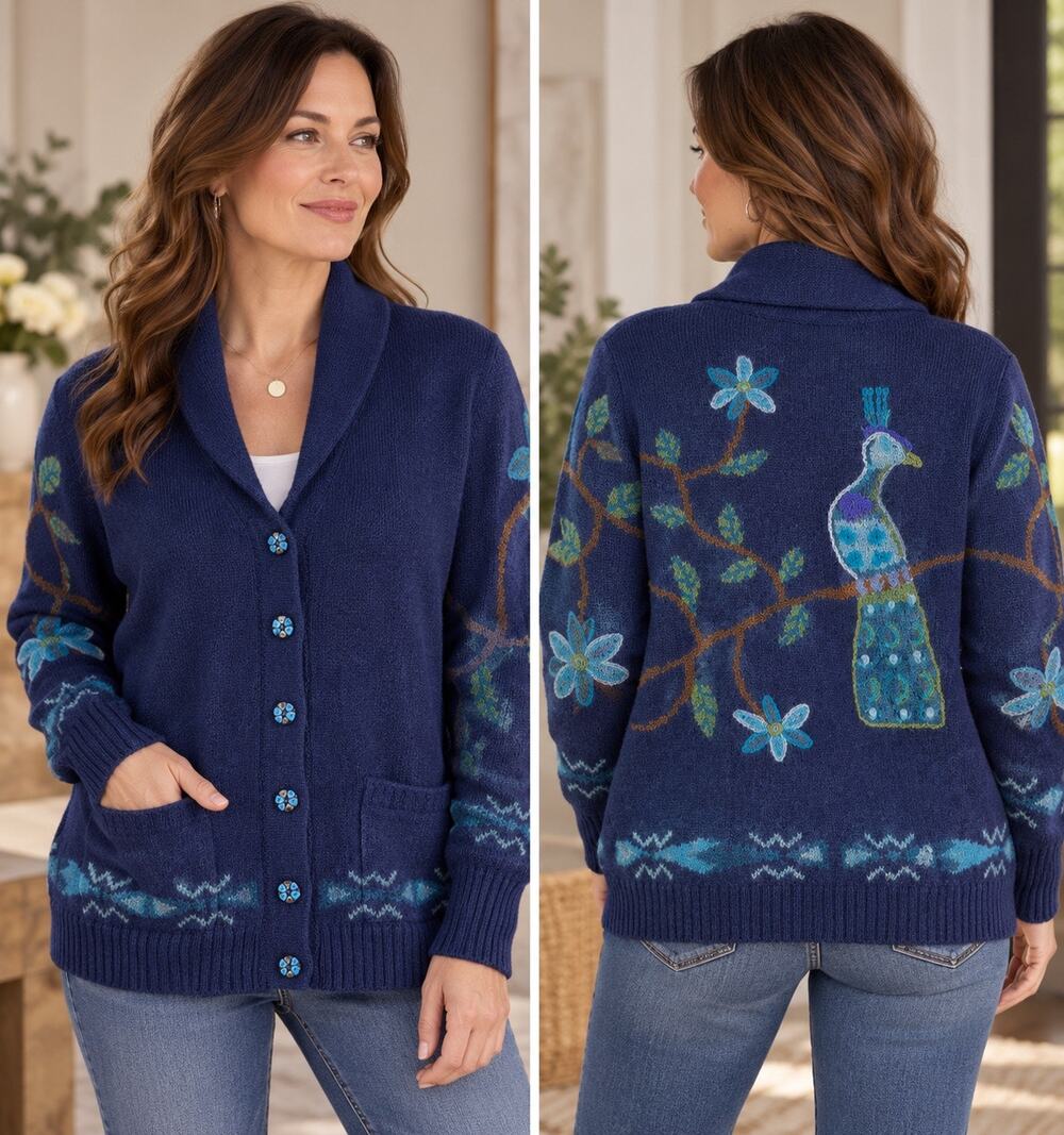 NOVICA 100% Alpaca Peacock Cardigan Sweater M Navy Peru Art to Wear NWOT